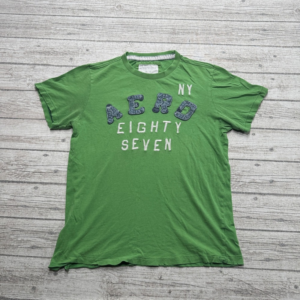 Y2K Aeropostale T-Shirt Men's Medium Green Applique Short Sleeve Athletic Preppy